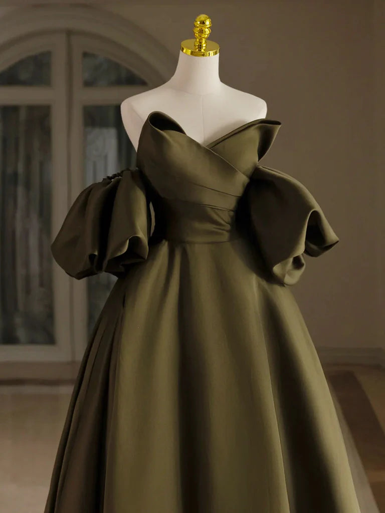Wholesale A-Line Puff Sleeves Olive Green Satin Long Prom Dress Olive Green Long Evening Dress gowns evening dresses